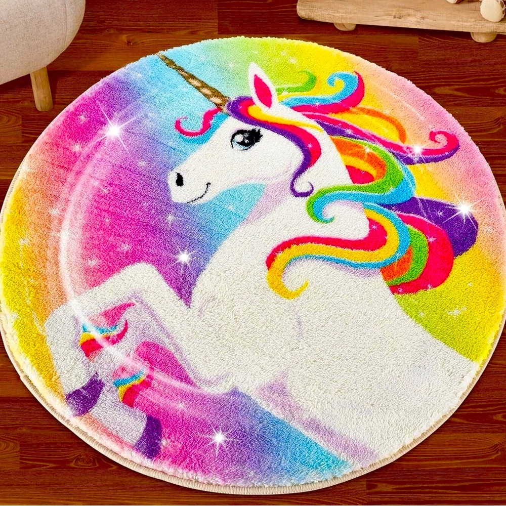 NIP Unicorn Bath Mat Plush Rug Lisa Frank Style Round Rug Home Decor Magical Uni